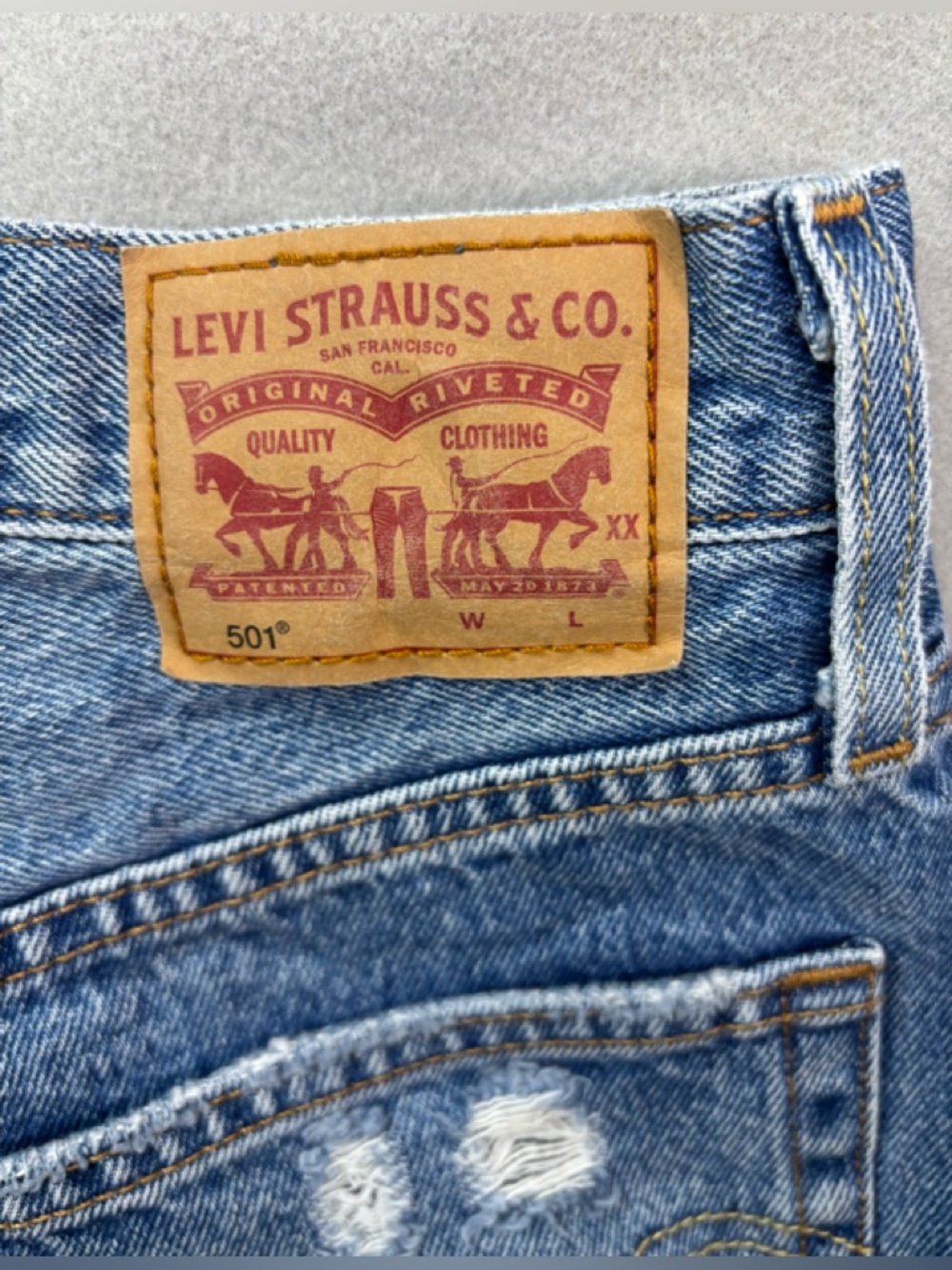 Levi's 501 S Button Fly Raw Hem Black & Blue Distressed Denim Shorts Duo - Picture 6 of 7